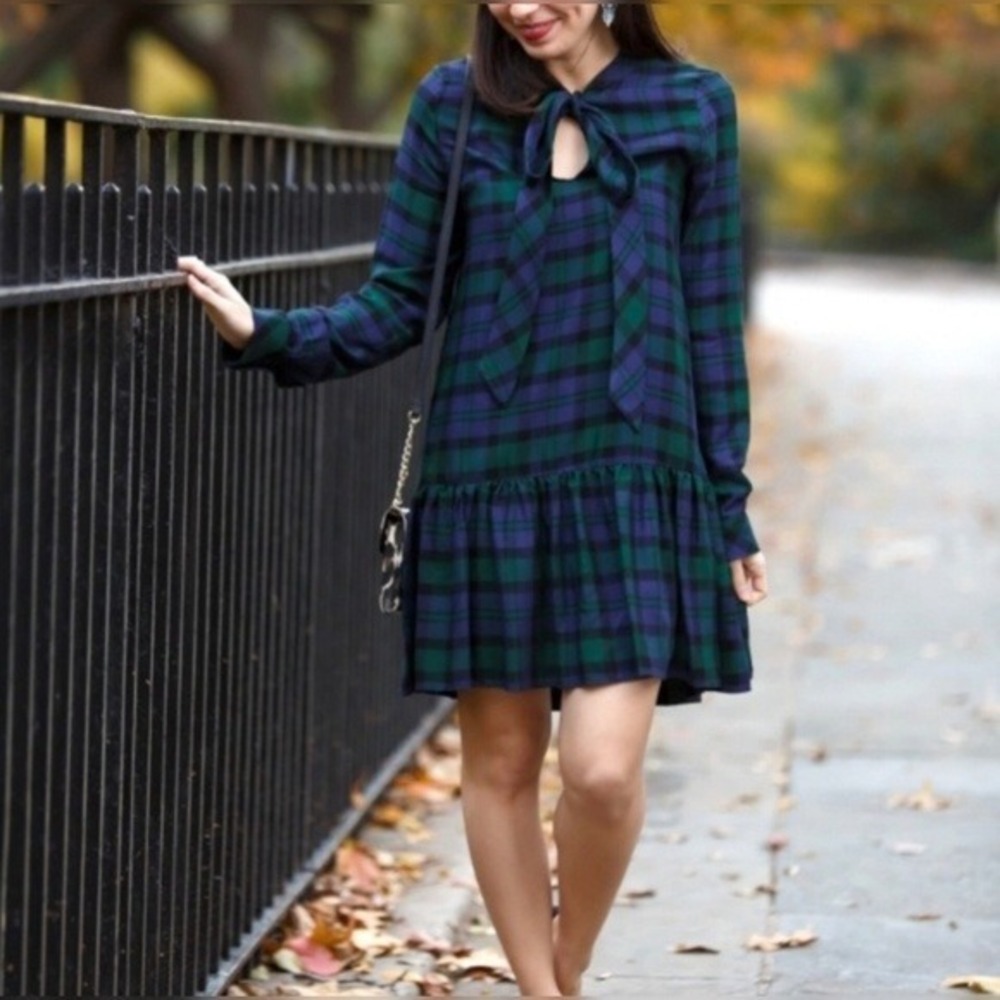 Zara Trafaluc Plaid Tie Neck Drop Waist Ruffle Mini Dress Green Purple Medium